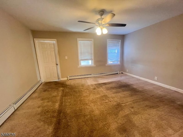 118 Maple St, Kearny Town, NJ 07032 - empty room featuring baseboard heating, carpet flooring, a ceiling fan, and baseboards