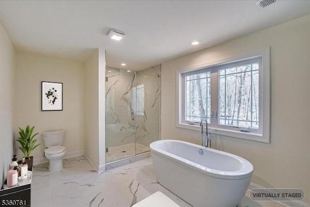92 Hancock Rd, Piscataway Twp, NJ 08854 - full bath with toilet, baseboards, a freestanding tub, a marble finish shower, and recessed lighting