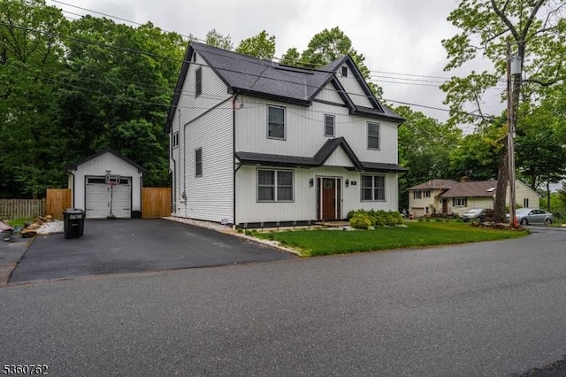 29 Tennis Rd, Jefferson Twp, NJ 07849 - modern farmhouse with an outdoor structure, a garage, and asphalt driveway