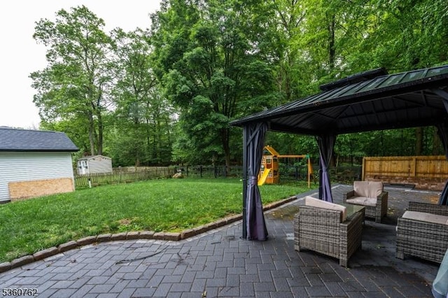 29 Tennis Rd, Jefferson Twp, NJ 07849 - view of patio / terrace featuring a playground, an outdoor living space, and a gazebo