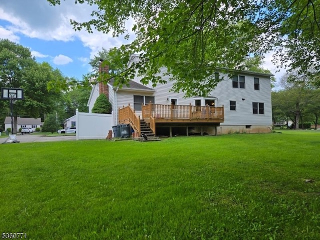 14 Constitution Ave, Roxbury Twp, NJ 07876 - back of house featuring a wooden deck, a yard, a chimney, and stairway