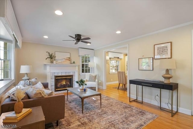 30 Newman Ave, Verona Twp, NJ 07044 - living area featuring a ceiling fan, baseboards, crown molding, light wood-type flooring, and recessed lighting