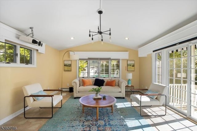 30 Newman Ave, Verona Twp, NJ 07044 - living room featuring baseboards, lofted ceiling, a chandelier, a baseboard heating unit, and recessed lighting