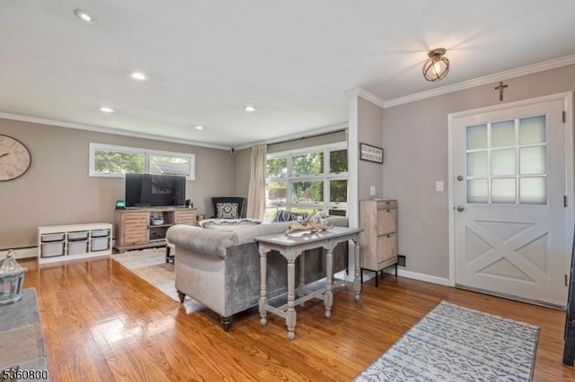 31 Woodside Ave, Cranford Twp, NJ 07016 - living room with ornamental molding, wood finished floors, baseboard heating, and recessed lighting