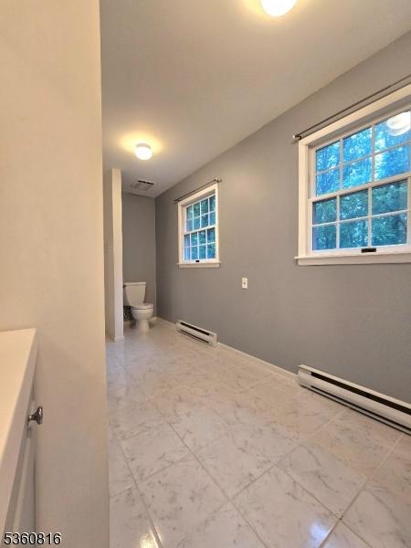 103 Mountain Top Rd, Lebanon Twp, NJ 08826 - bathroom featuring toilet, a baseboard radiator, marble look tile flooring, and vanity