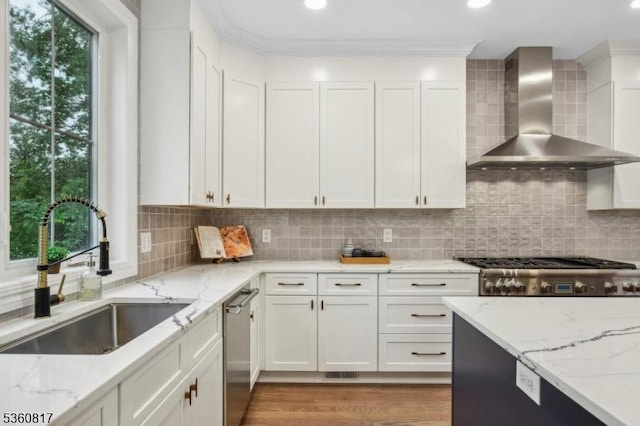 48 Lewis Ave, Summit City, NJ 07901 - kitchen featuring wall chimney range hood, a sink, stainless steel dishwasher, white cabinetry, and recessed lighting