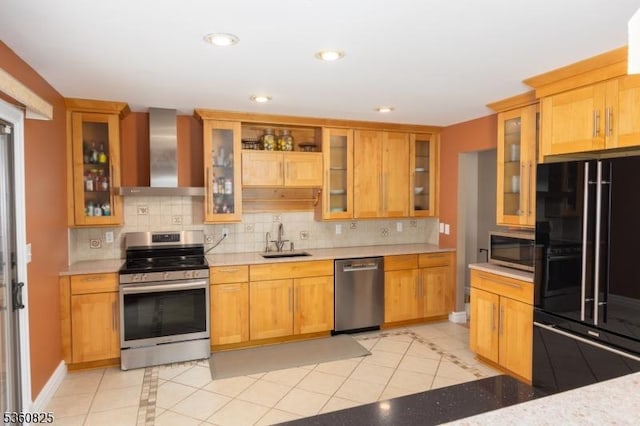 542 Drakestown Rd, Mount Olive Twp, NJ 07836 - kitchen featuring stainless steel appliances, wall chimney exhaust hood, a sink, inlaid floor details, and recessed lighting