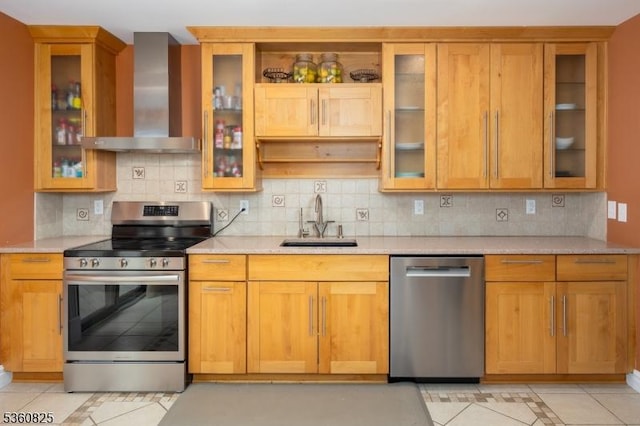 542 Drakestown Rd, Mount Olive Twp, NJ 07836 - kitchen with appliances with stainless steel finishes, wall chimney exhaust hood, a sink, and light countertops
