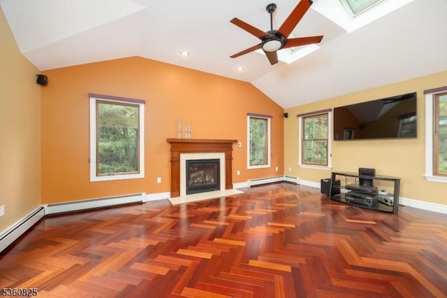 542 Drakestown Rd, Mount Olive Twp, NJ 07836 - unfurnished living room featuring vaulted ceiling, plenty of natural light, a skylight, a fireplace with flush hearth, and a ceiling fan