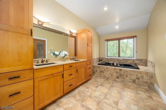 542 Drakestown Rd, Mount Olive Twp, NJ 07836 - bathroom with lofted ceiling, double vanity, a garden tub, and recessed lighting