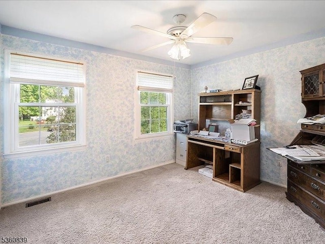 5 Portsmouth Ct, Raritan Twp, NJ 08822 - home office featuring wallpapered walls, light colored carpet, a ceiling fan, and baseboards