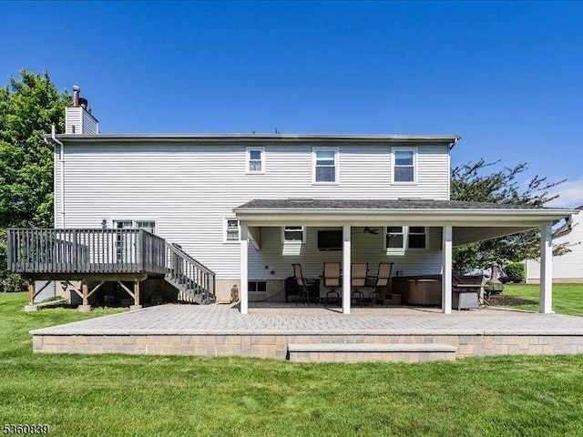 5 Portsmouth Ct, Raritan Twp, NJ 08822 - back of property with a wooden deck, a patio, a chimney, a yard, and ceiling fan