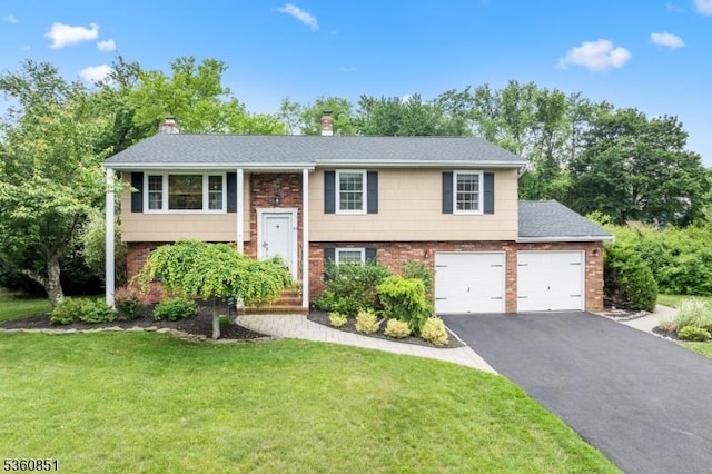 39 Fox Chase Run, Hillsborough Twp, NJ 08844 - raised ranch featuring brick siding, driveway, a front yard, and a chimney