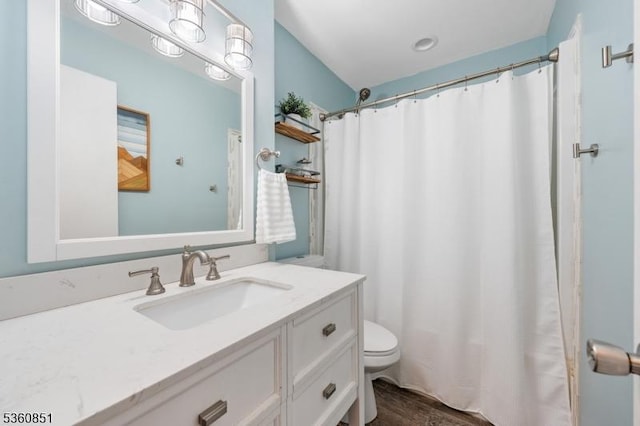 39 Fox Chase Run, Hillsborough Twp, NJ 08844 - bathroom featuring toilet, vanity, a shower with curtain, and wood finished floors