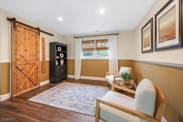39 Fox Chase Run, Hillsborough Twp, NJ 08844 - sitting room featuring a barn door, dark wood finished floors, baseboards, and recessed lighting