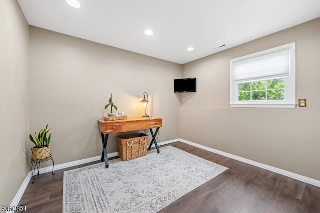 39 Fox Chase Run, Hillsborough Twp, NJ 08844 - home office with dark wood-style floors, baseboards, and recessed lighting