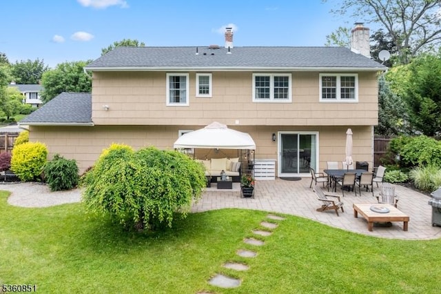 39 Fox Chase Run, Hillsborough Twp, NJ 08844 - rear view of house featuring a chimney, an outdoor hangout area, a patio, and roof with shingles