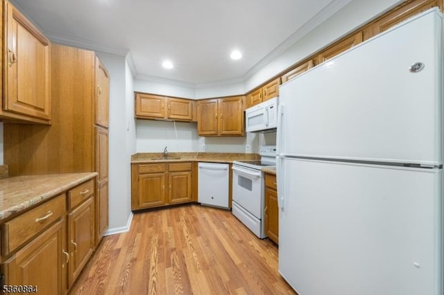 48 Jamestown Rd, Bernards Twp, NJ 07920 - kitchen featuring white appliances, a sink, crown molding, light wood finished floors, and light countertops