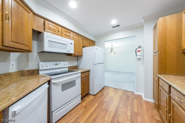 48 Jamestown Rd, Bernards Twp, NJ 07920 - kitchen featuring white appliances, crown molding, light wood-type flooring, recessed lighting, and brown cabinetry