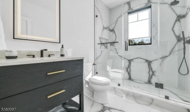 15 Scott Ter, Clifton City, NJ 07013 - full bathroom with toilet, vanity, a marble finish shower, and marble look tile flooring