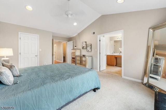 25 Kennedy Ct, Montgomery Twp, NJ 08540 - bedroom with vaulted ceiling, light carpet, baseboards, recessed lighting, and connected bathroom