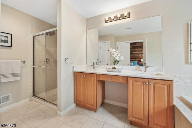 25 Kennedy Ct, Montgomery Twp, NJ 08540 - full bath featuring double vanity, a stall shower, tile patterned flooring, and baseboards