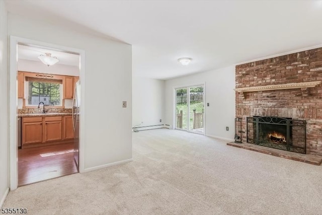 20 Woodland Trl, Sparta Twp, NJ 07871 - unfurnished living room with light colored carpet, a fireplace, baseboards, and a baseboard radiator