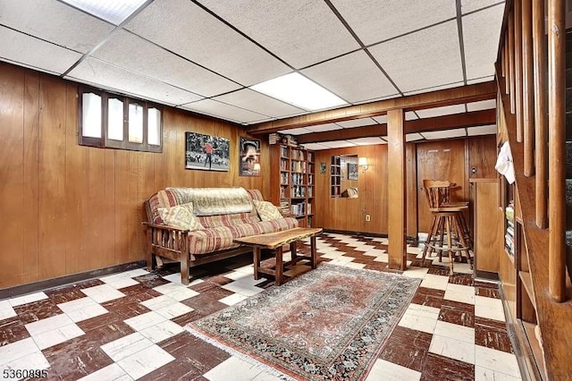 51 Hoffman Ave, Parsippany-Troy Hills Twp, NJ 07034 - living area featuring wood walls, tile patterned floors, and a paneled ceiling
