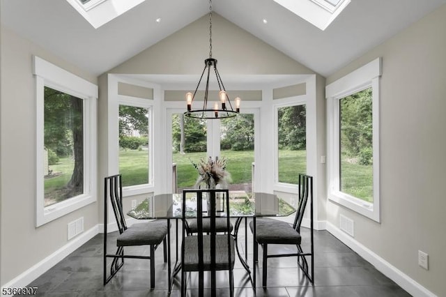 34 Keats Rd, Bernards Twp, NJ 07920 - dining area featuring a skylight, vaulted ceiling, a chandelier, and baseboards