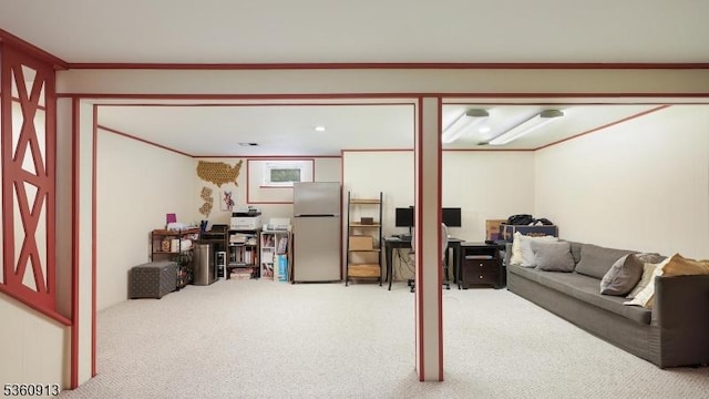 1106 Tudor Ct, Hillsborough Twp, NJ 08844 - living area with carpet flooring, an office area, and ornamental molding