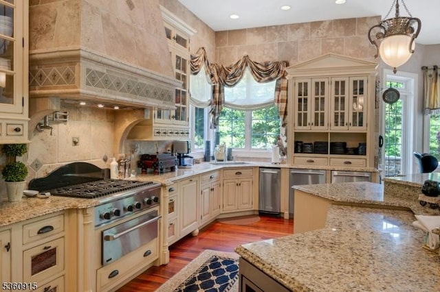 10 Van Kirk Pl, Sparta Twp, NJ 07871 - kitchen with cream cabinets, a warming drawer, custom range hood, wood finished floors, and light stone countertops