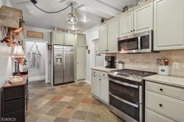 2 Broad St, Stockton Boro, NJ 08559 - kitchen featuring appliances with stainless steel finishes, decorative backsplash, light stone counters, and baseboards