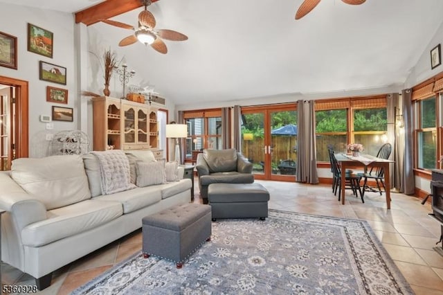 2 Broad St, Stockton Boro, NJ 08559 - living room with ceiling fan, light tile patterned flooring, healthy amount of natural light, beam ceiling, and high vaulted ceiling