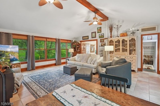 2 Broad St, Stockton Boro, NJ 08559 - living room featuring ceiling fan, beam ceiling, light tile patterned floors, and high vaulted ceiling