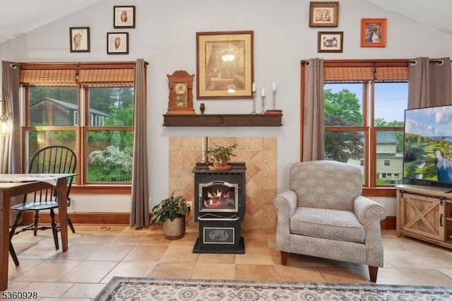 2 Broad St, Stockton Boro, NJ 08559 - living area with vaulted ceiling, light tile patterned flooring, and baseboards