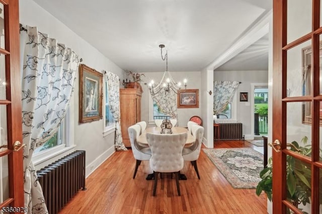 2 Broad St, Stockton Boro, NJ 08559 - dining space with radiator heating unit, a chandelier, light wood finished floors, and baseboards