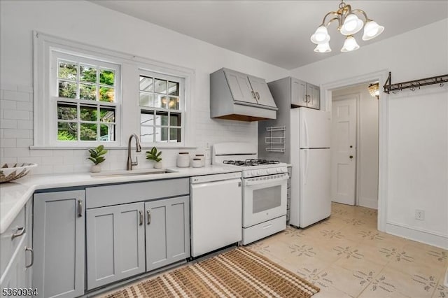 168 Grove St, Montclair Twp, NJ 07042 - kitchen with white appliances, gray cabinetry, a sink, premium range hood, and tasteful backsplash