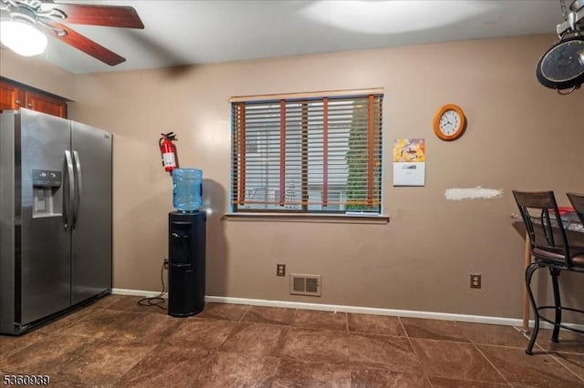 804 Orchard Meadows Dr, Union Twp, NJ 07083 - kitchen with stainless steel refrigerator with ice dispenser, ceiling fan, baseboards, and brown cabinets