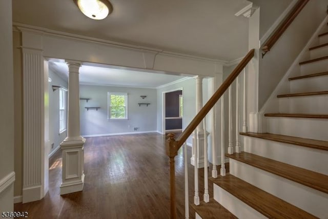 3 Rolling Hill Dr, Morris Twp, NJ 07960 - foyer with wood finished floors, crown molding, baseboards, stairs, and ornate columns