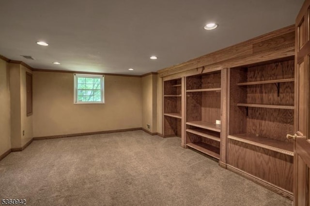 3 Rolling Hill Dr, Morris Twp, NJ 07960 - below grade area with recessed lighting, ornamental molding, light colored carpet, and baseboards