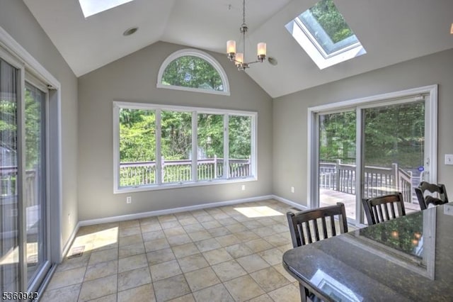 3 Rolling Hill Dr, Morris Twp, NJ 07960 - dining area with a skylight, healthy amount of natural light, a chandelier, light tile patterned floors, and high vaulted ceiling