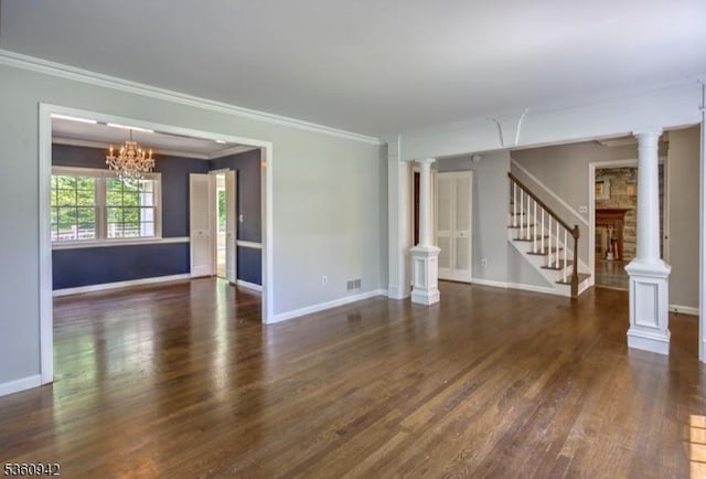 3 Rolling Hill Dr, Morris Twp, NJ 07960 - unfurnished living room with stairs, wood finished floors, ornamental molding, and baseboards