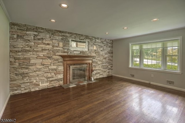 3 Rolling Hill Dr, Morris Twp, NJ 07960 - unfurnished living room with a stone fireplace, baseboards, recessed lighting, and wood finished floors
