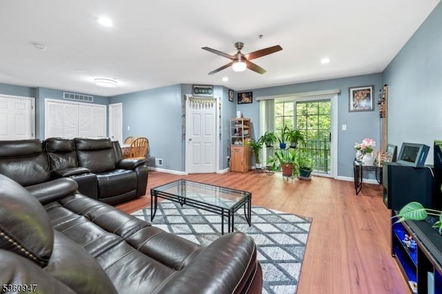 203 Rhoads Dr, Condo, Montgomery Twp, NJ 08502 - living room with baseboards, wood finished floors, ceiling fan, and recessed lighting