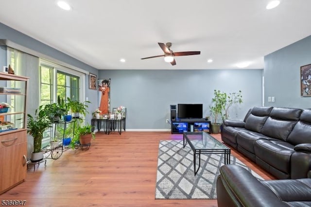 203 Rhoads Dr, Condo, Montgomery Twp, NJ 08502 - living room with ceiling fan, recessed lighting, wood finished floors, and baseboards