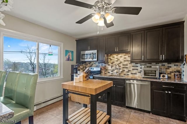 55 Jefferson St, Clifton City, NJ 07014 - kitchen with appliances with stainless steel finishes, a sink, decorative backsplash, and baseboard heating
