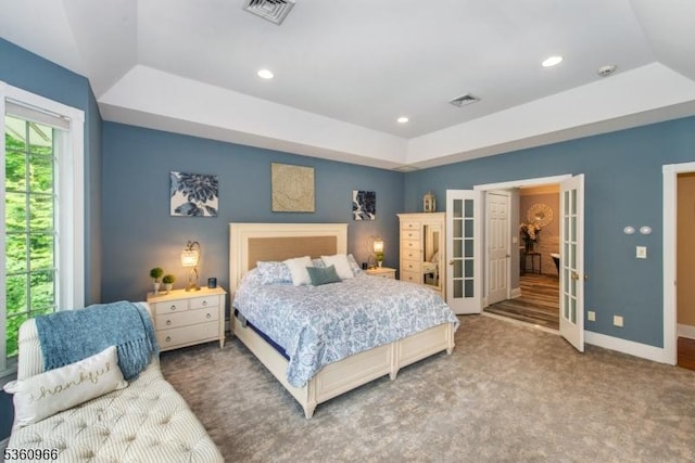 7 Briscoe Chase, Ringwood Boro, NJ 07456 - bedroom with french doors, a tray ceiling, baseboards, carpet floors, and recessed lighting