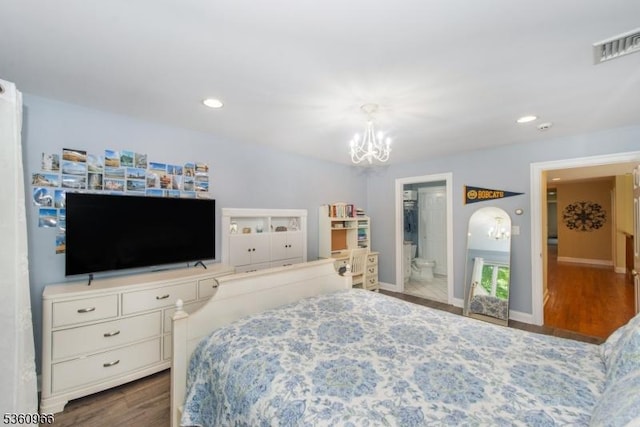 7 Briscoe Chase, Ringwood Boro, NJ 07456 - bedroom featuring a chandelier, wood finished floors, recessed lighting, baseboards, and ensuite bath