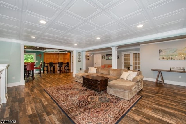 7 Briscoe Chase, Ringwood Boro, NJ 07456 - living area featuring recessed lighting, dark wood-style flooring, french doors, baseboards, and ornate columns