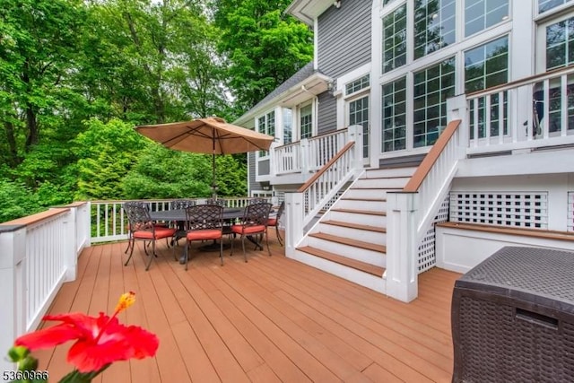 7 Briscoe Chase, Ringwood Boro, NJ 07456 - wooden deck with outdoor dining area and stairway